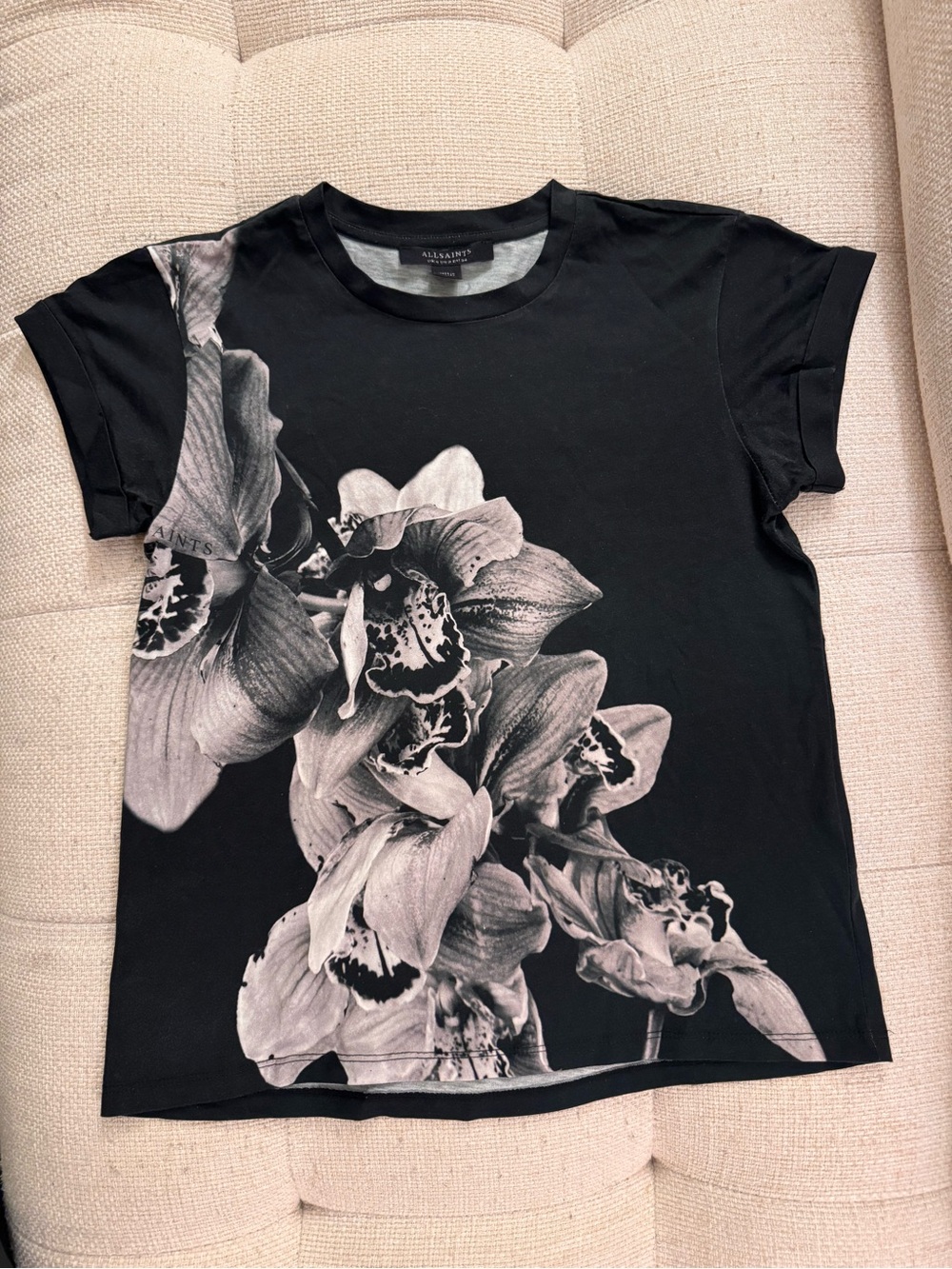 NWOT AllSaints Black & White Floral Graphic T-Shirt – Size UK 6 / US 2